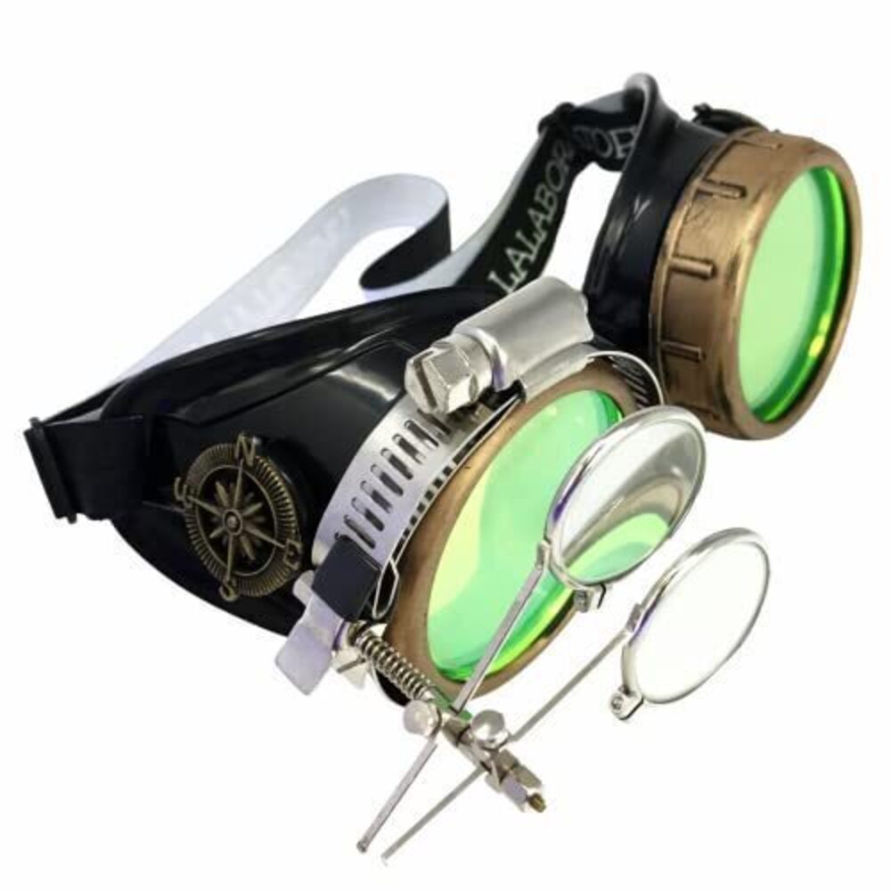 8902 Steampunk Victorian Style Goggles with Compass Design, Neon Green